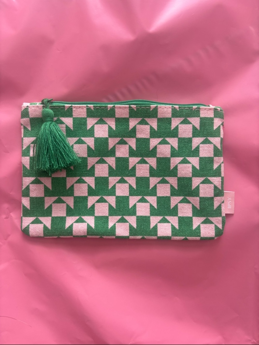 Green & Pink Geometric Tassel Cosmetic Pouch